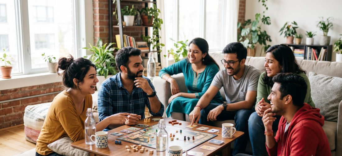 Six friends sitting around a low table playing a board game