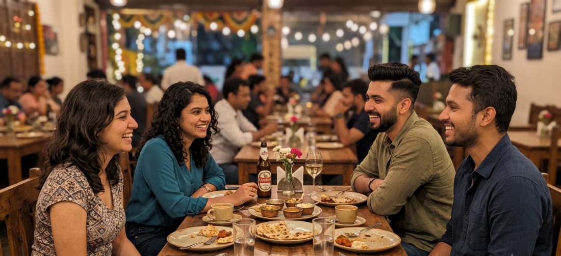 Two friends meeting two other friends across a restaurant table