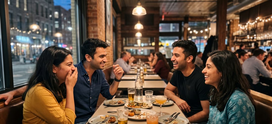Four people talking around a table, seated in pairs
