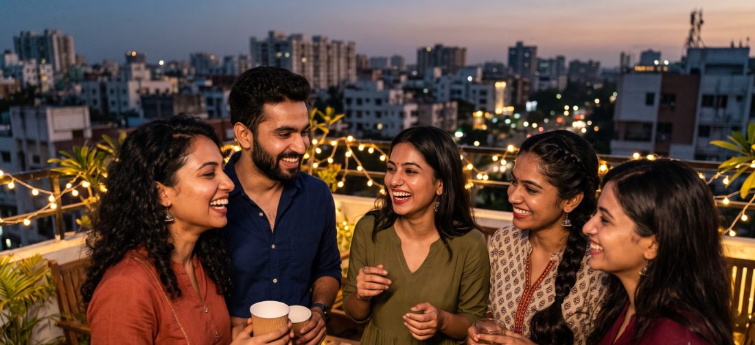 A rooftop gathering at dusk under string lights